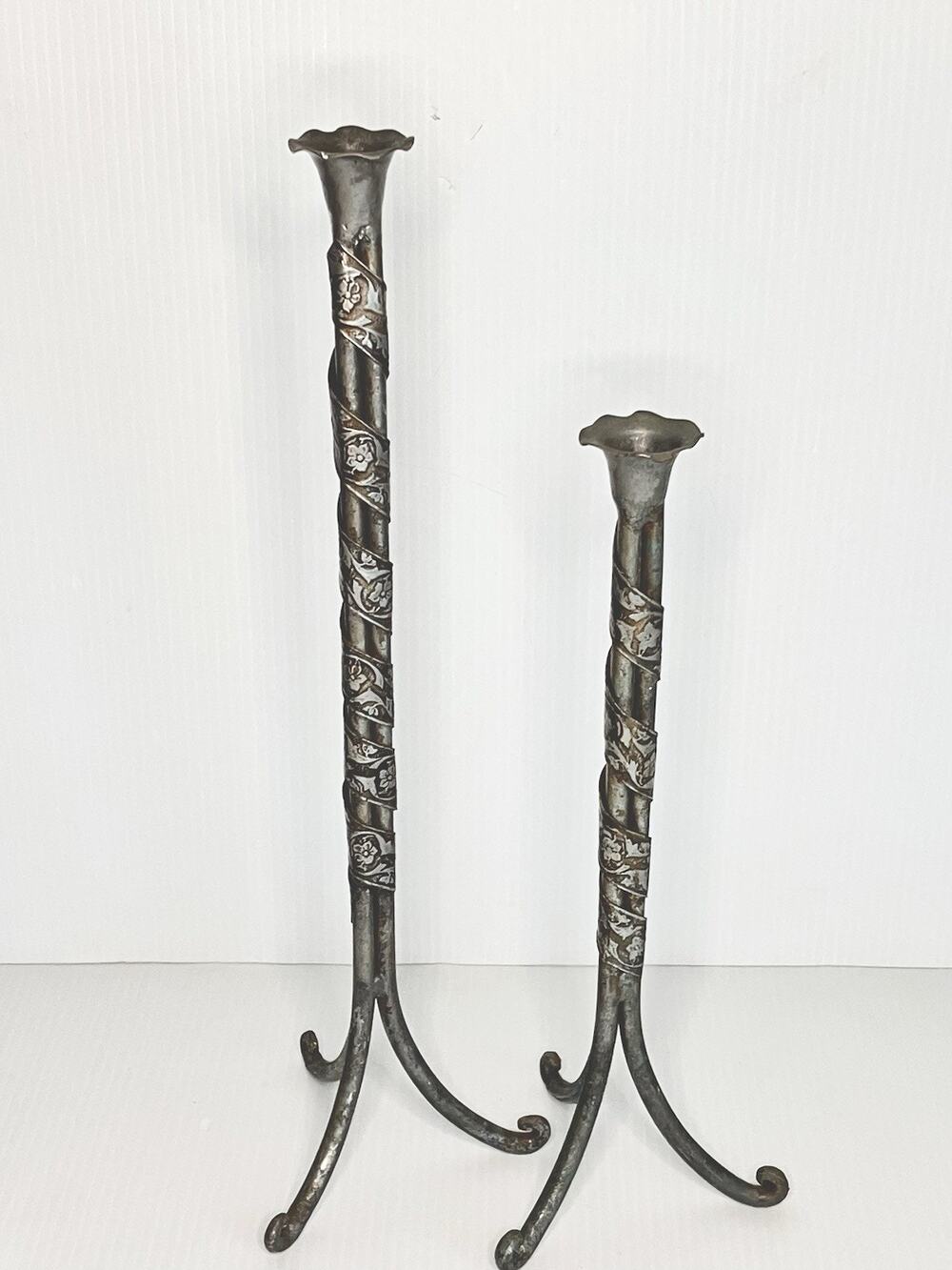 Pair Of Wrought Iron Candlesticks Silver Metal Spiral Wrapped Floral Tripod Base